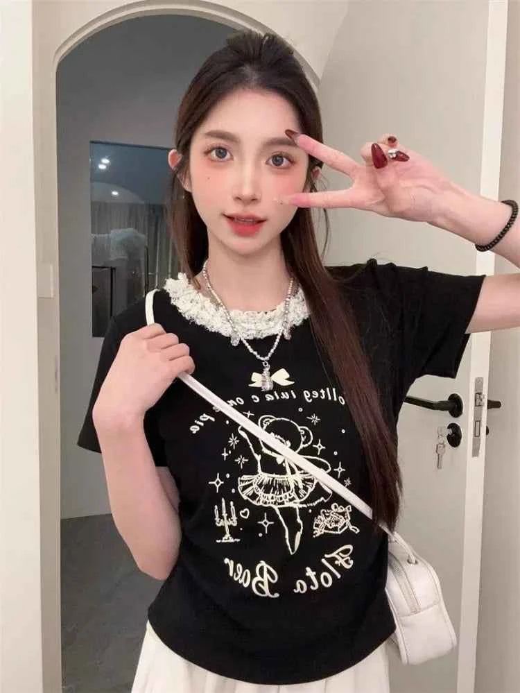 Sweet Cartoon Bear Printed Lace T-Shirt