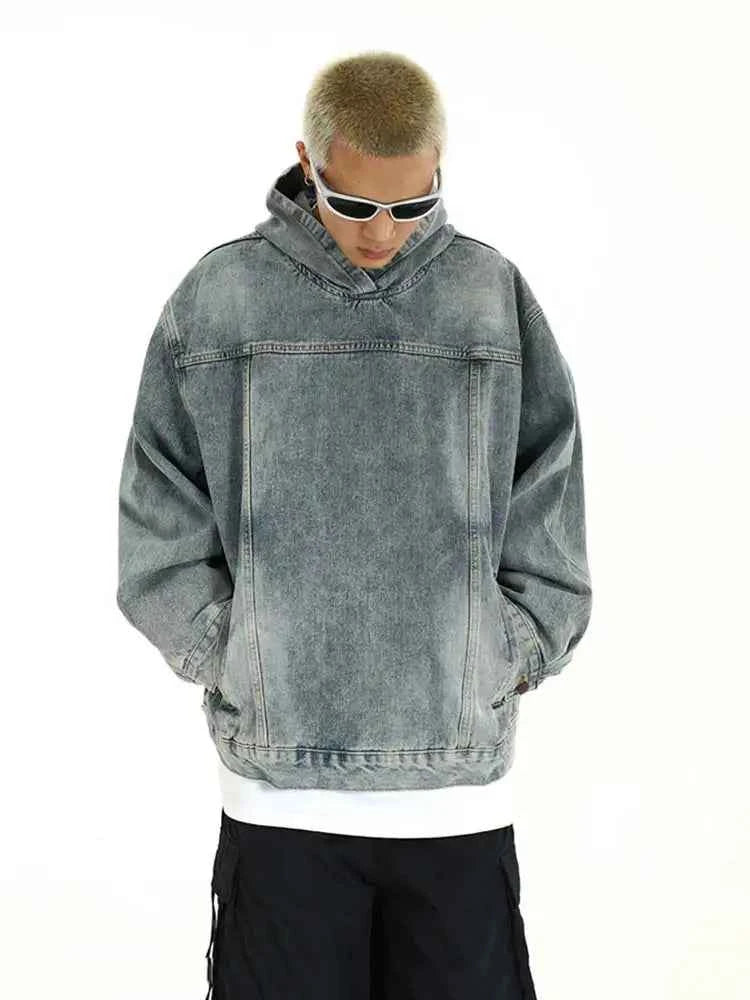 Breathable Patchwork Blue Wash Denim Hoodie