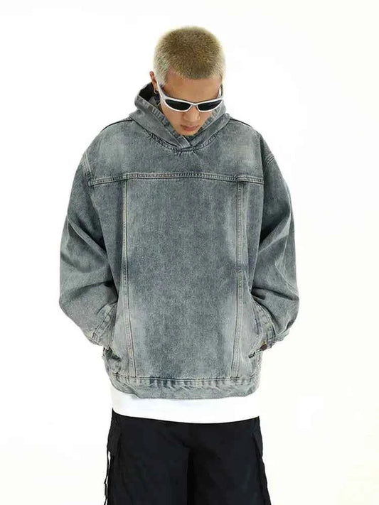 Breathable Patchwork Blue Wash Denim Hoodie