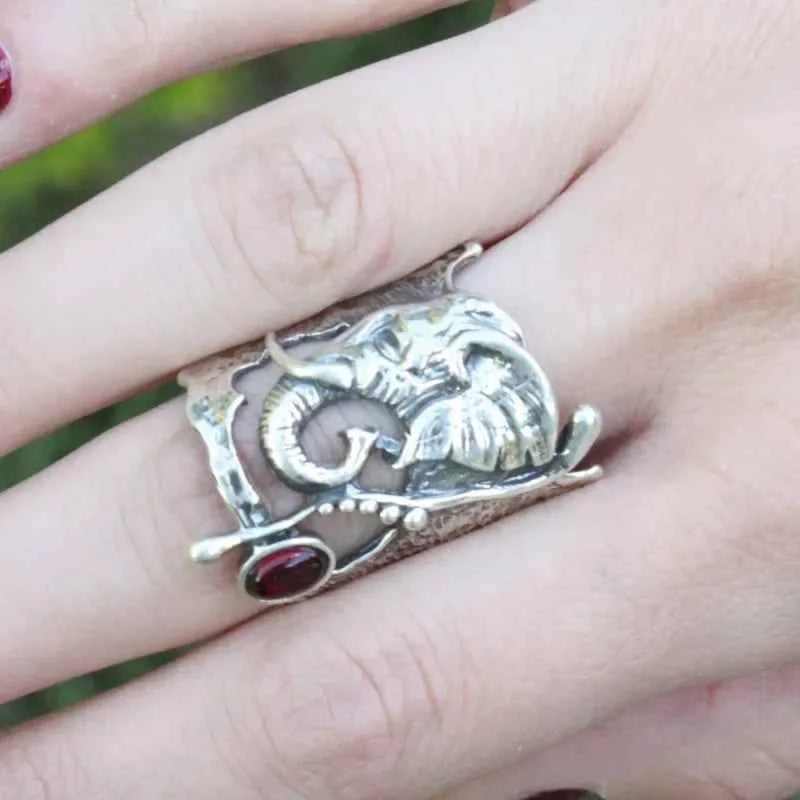 Exaggerated Vintage African Elephant Red Stone Rings