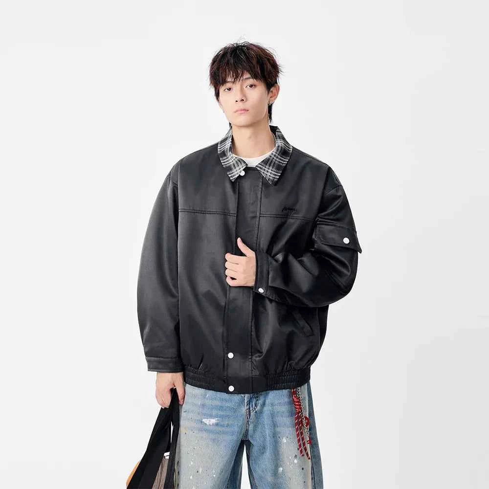 Warm Contrast Plaid Collar Button Up Leather Jacket