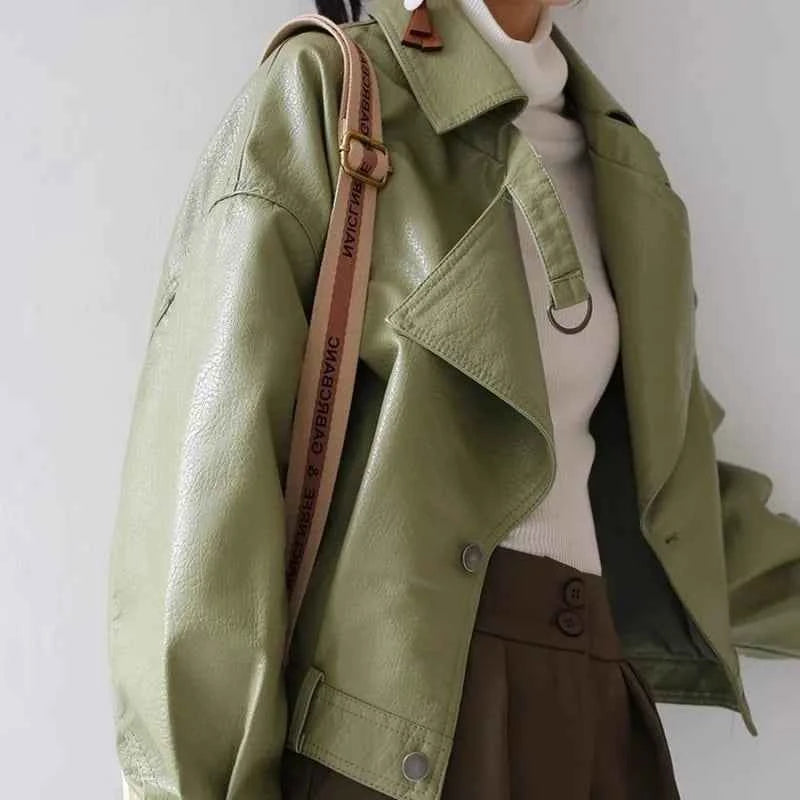 Women Avocado Green Leather Motorcycle Jacket
