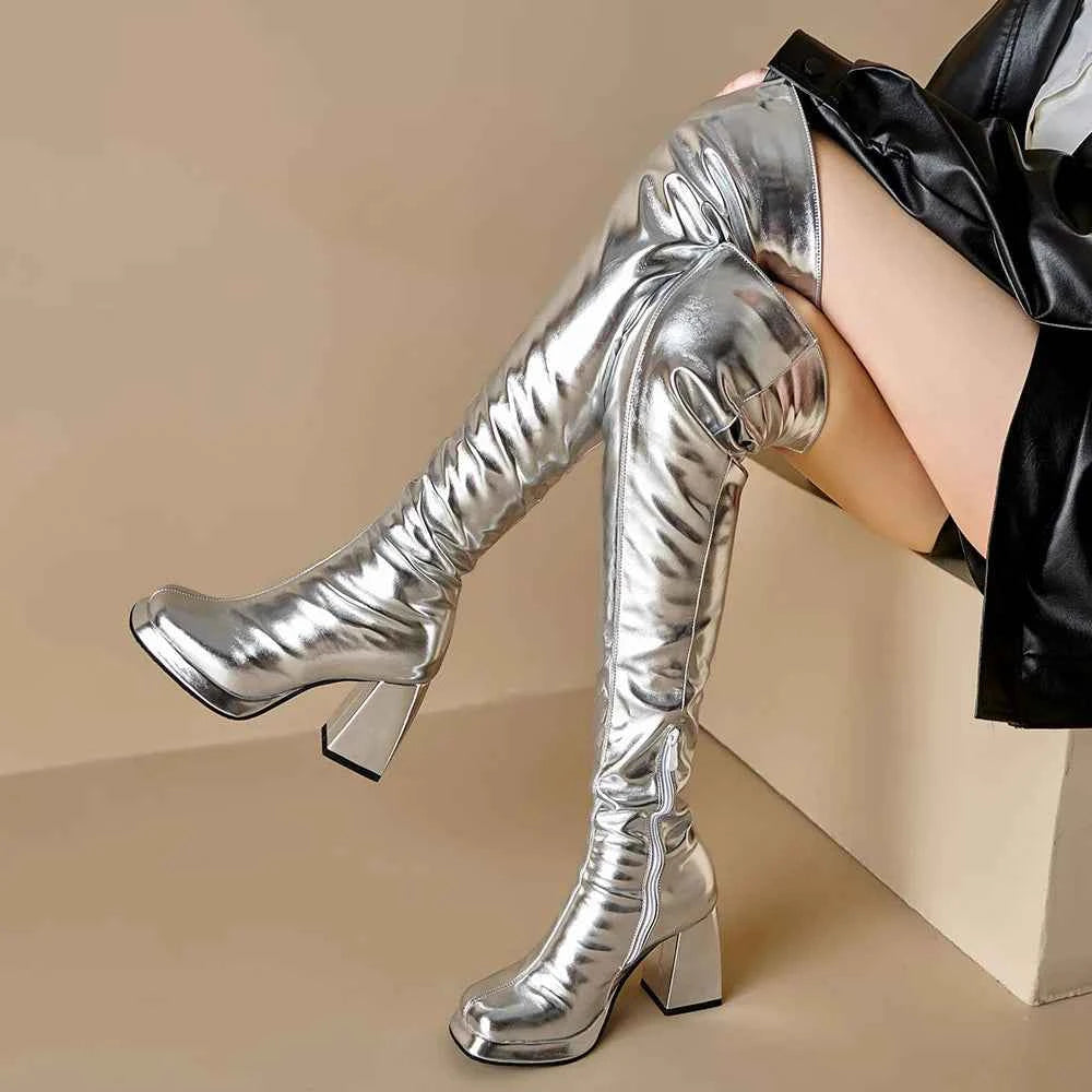 Winter Block High Heels Metallic Zipper Boots