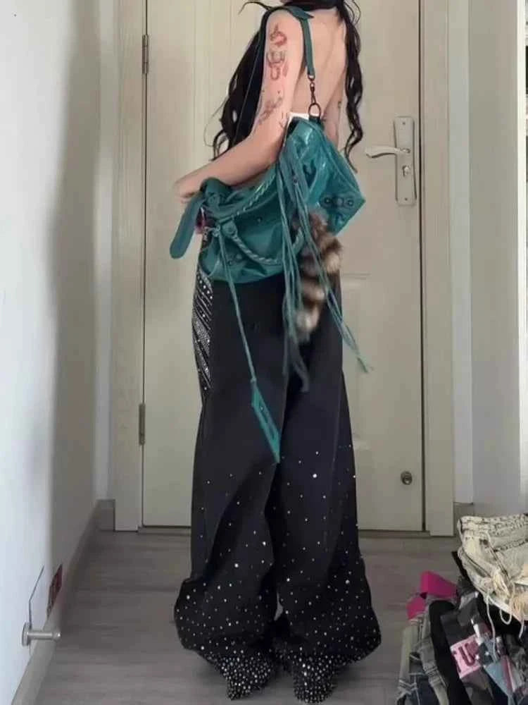High quality rhinestone wide fit Jeans
