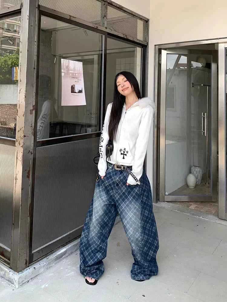 Blue Oversized Letter Print Wide Leg Jeans