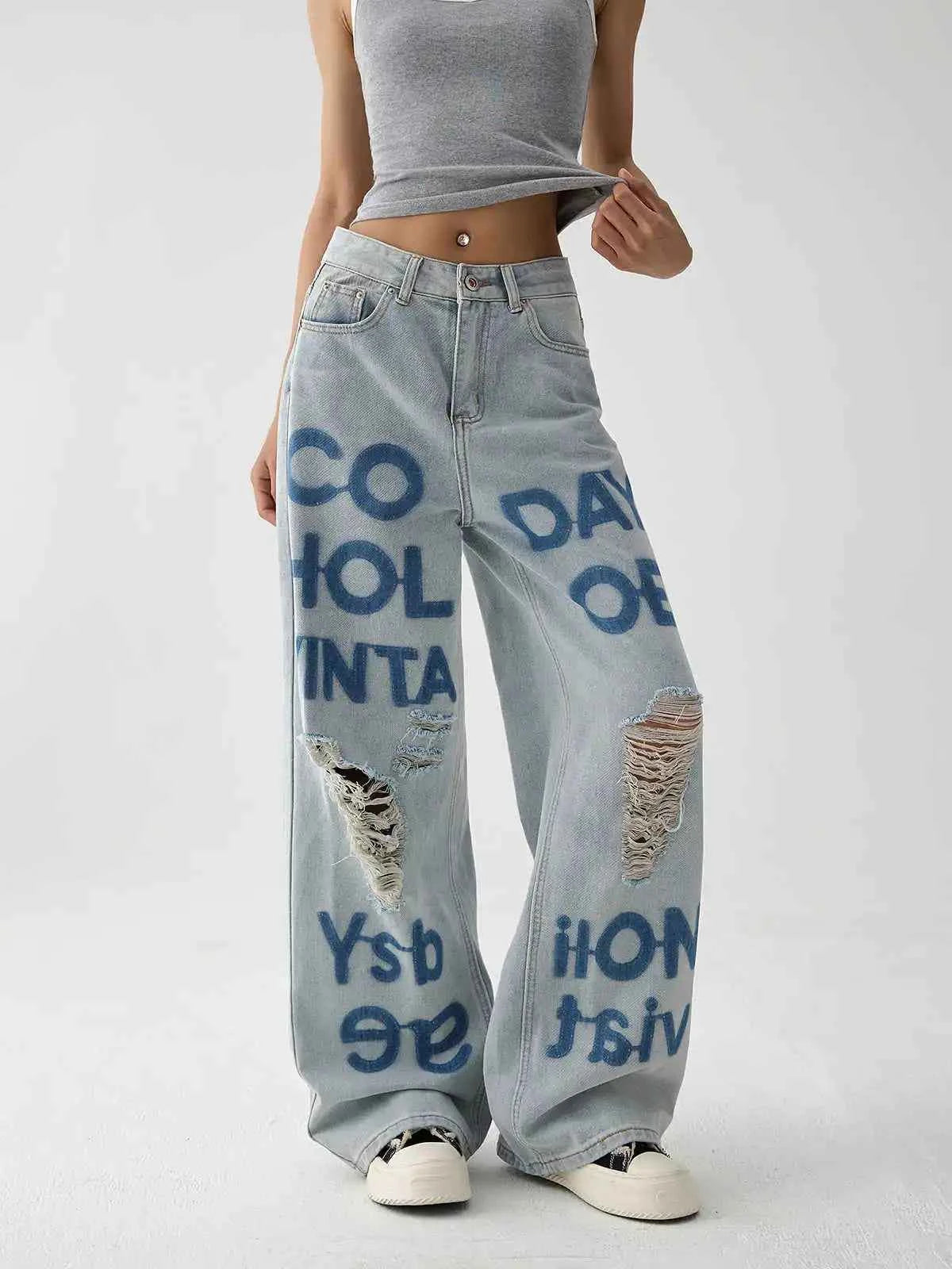 American Style Oversize Ripped Printed Blue Denim Jeans