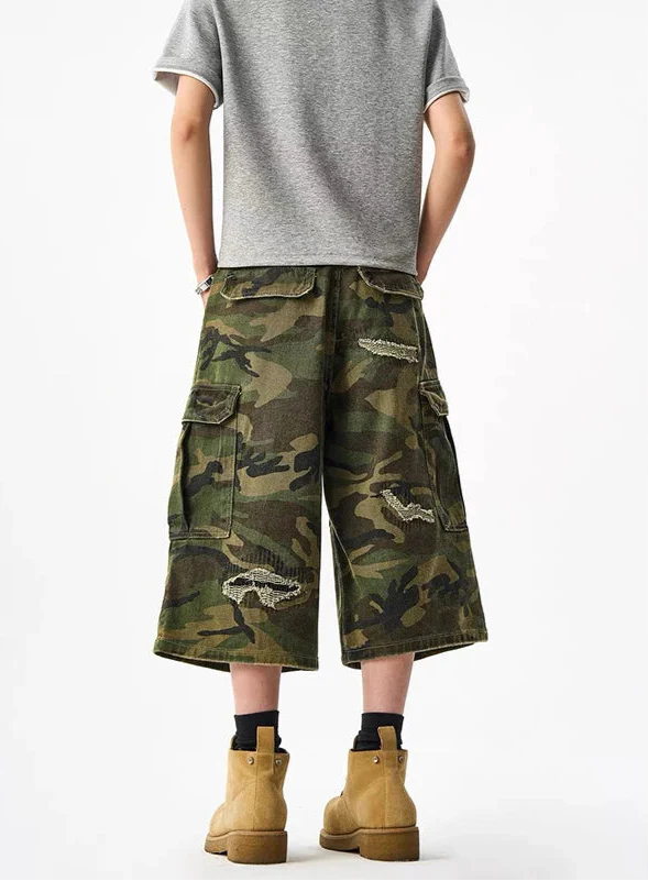 Durable Streetwear Camouflage Wide Leg Cargo Jorts - Luxuryurbanwear