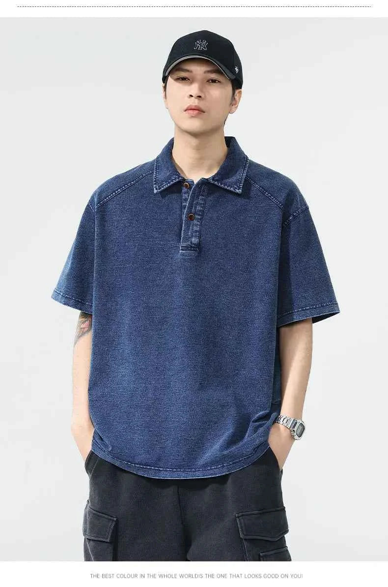 Men Stylish Casual Knitted Denim Polo T-Shirt