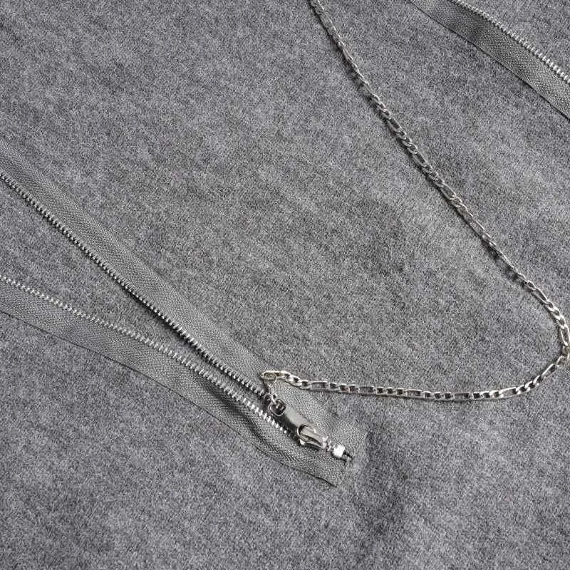 Streetwear Distressed Chain Detail Zipper Knit Sweater