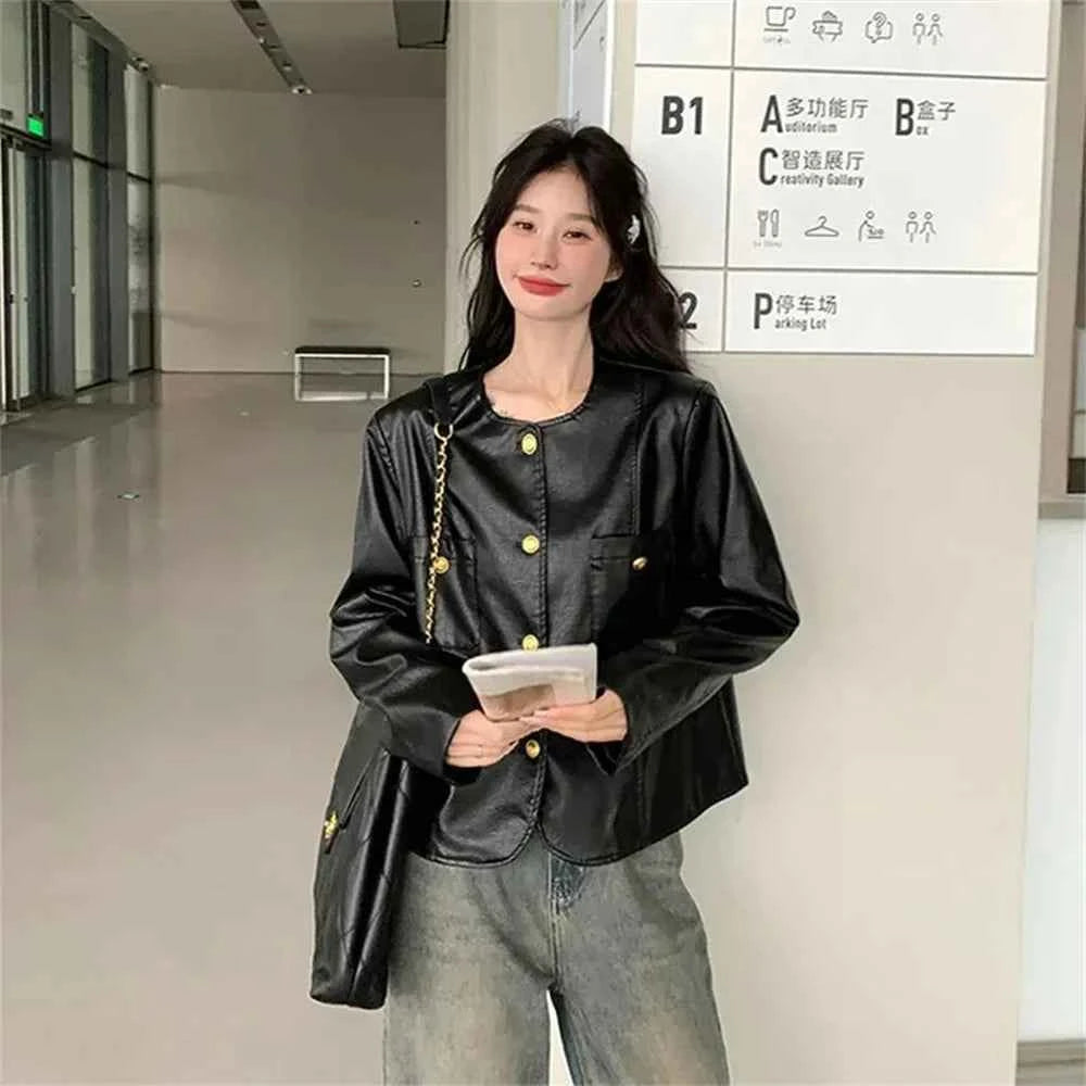 Women Retro Short Spring Leather Jacket