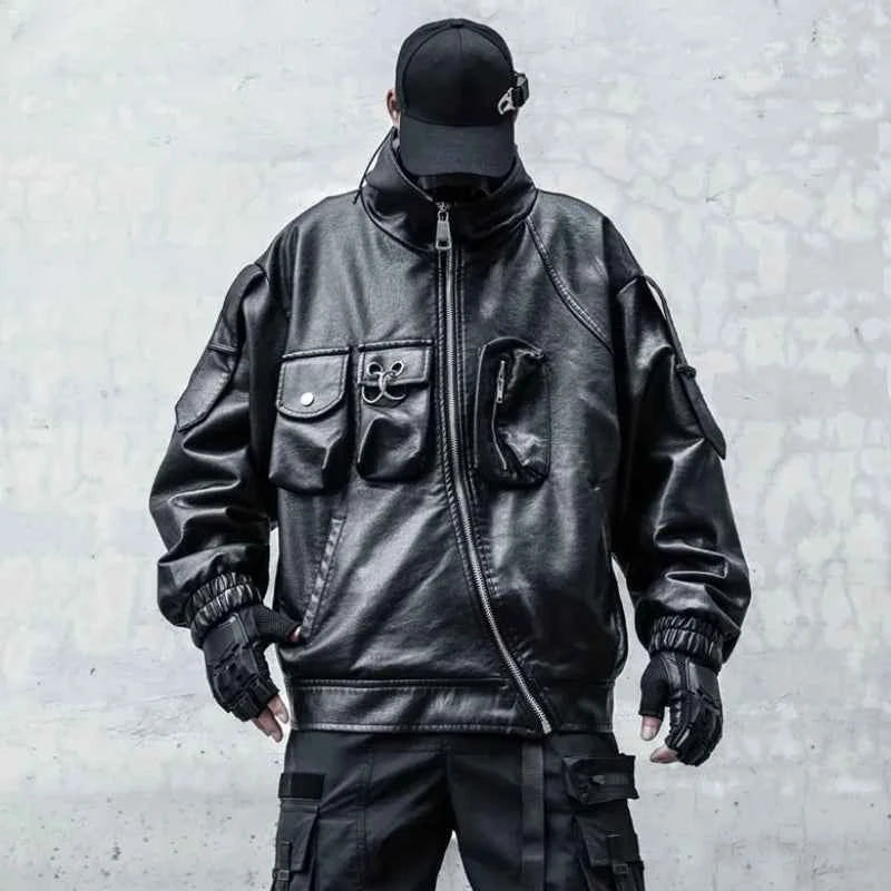 Patchwork Tactical Function PU Leather Jacket