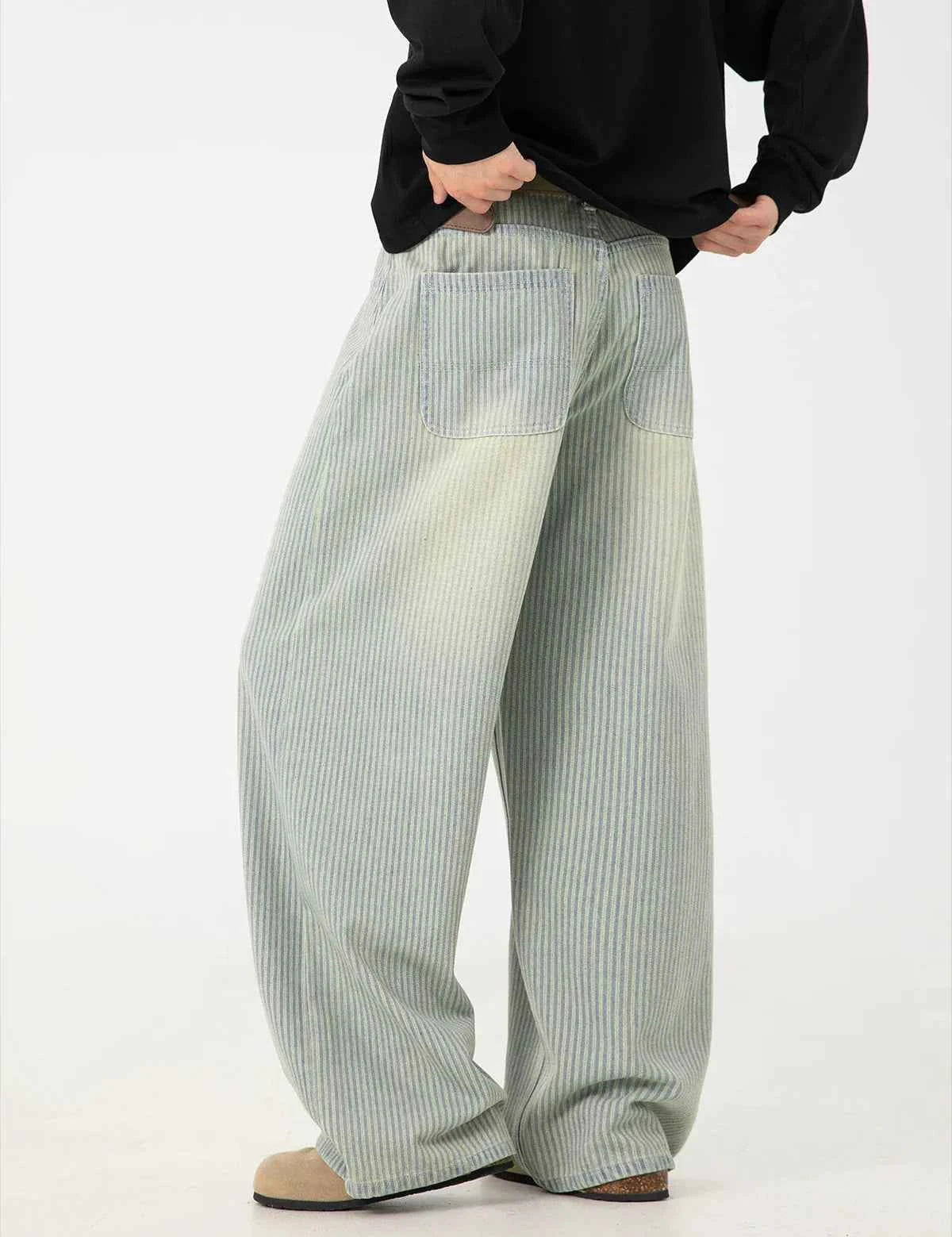Streetwear Washed Relaxed Fit Striped Straight Leg Jeans