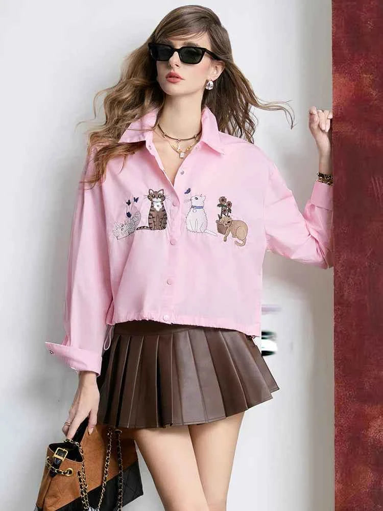 Cute Cat Embroidered Loose Fit Long Sleeve Shirt