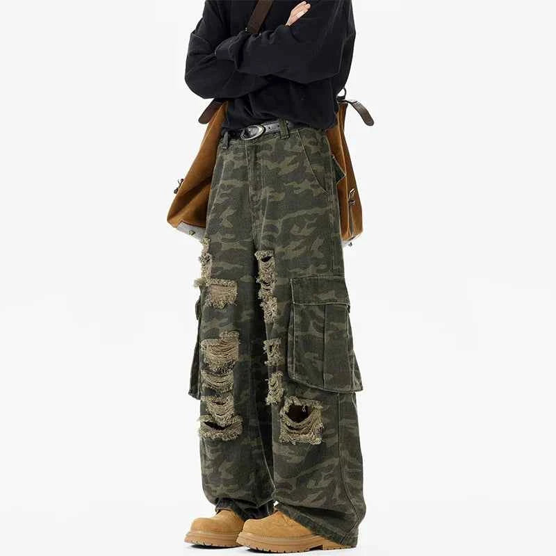 Camouflage Loose Ripped Straight Leg Cargo Jeans