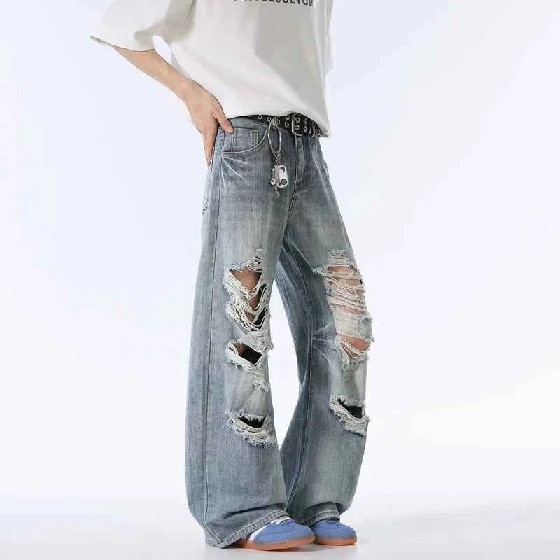 Lightweight Distressed High Waisted Wide Leg Jeans