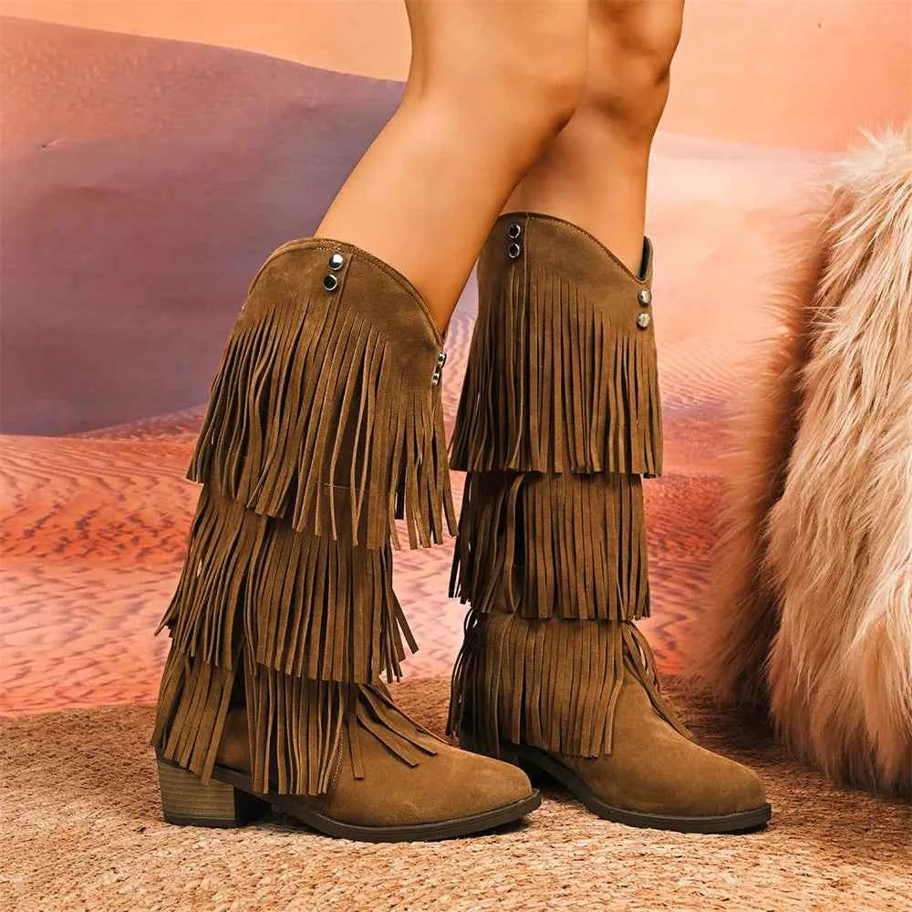 Retro Tassels Cowboy Fringe Knee High Boots