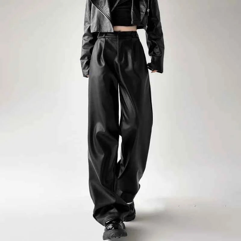 Retro Black Wide Leg Leather Pants