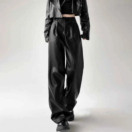 Retro Black Wide Leg Leather Pants