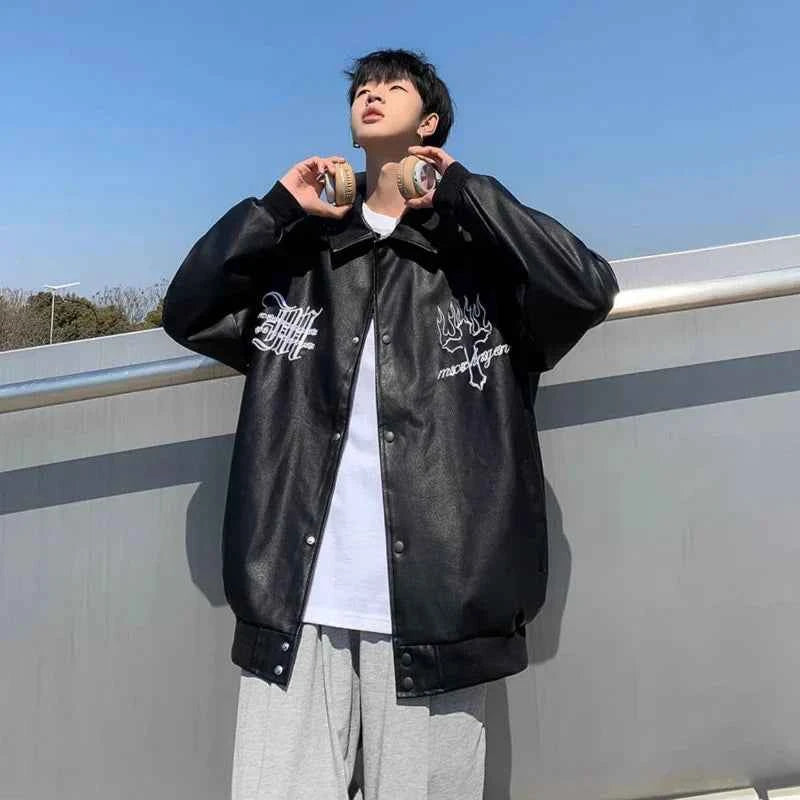 Vintage Embroidered PU Baseball Leather Jacket