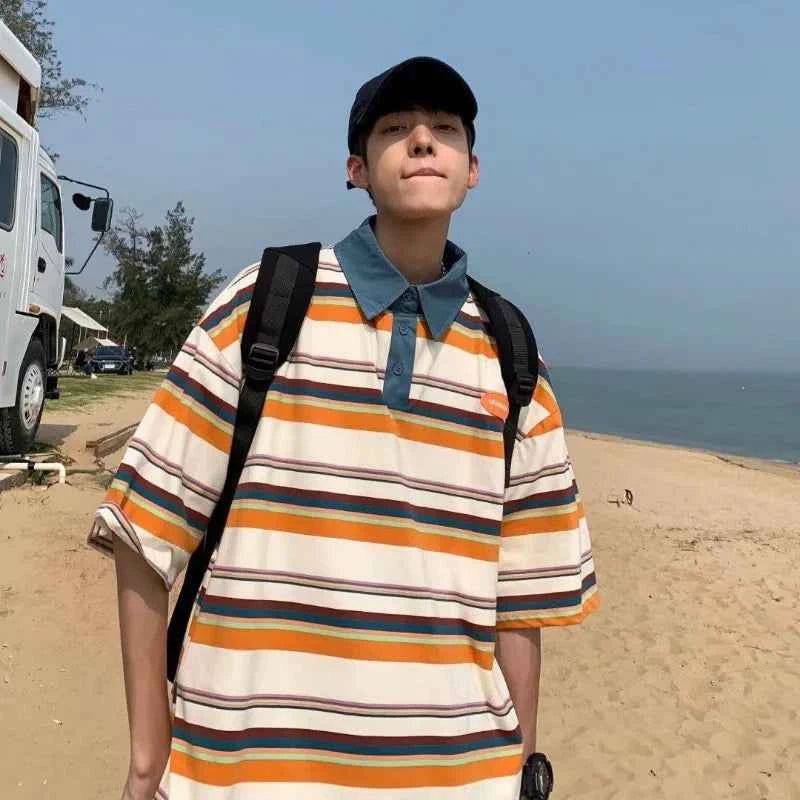 Japanese Style Color Blocked Striped Lapel T-Shirt