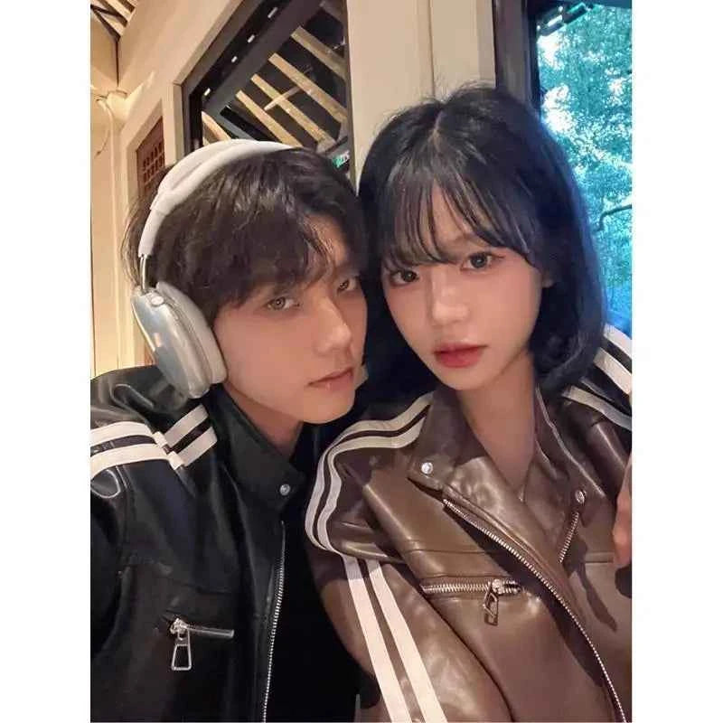 Korean Style Striped Casual PU Leather Jacket