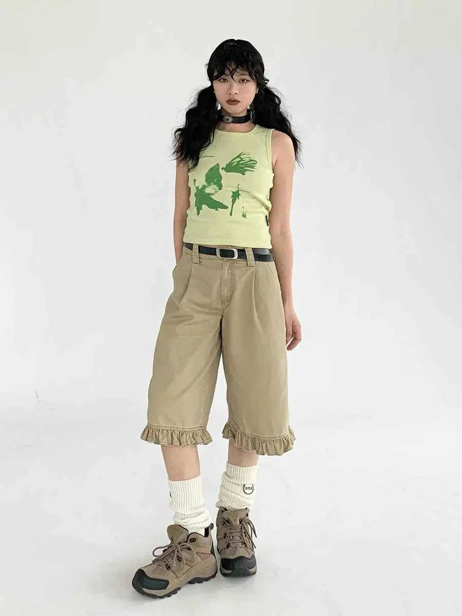 Chic Patchwork Wide Leg Denim Jorts