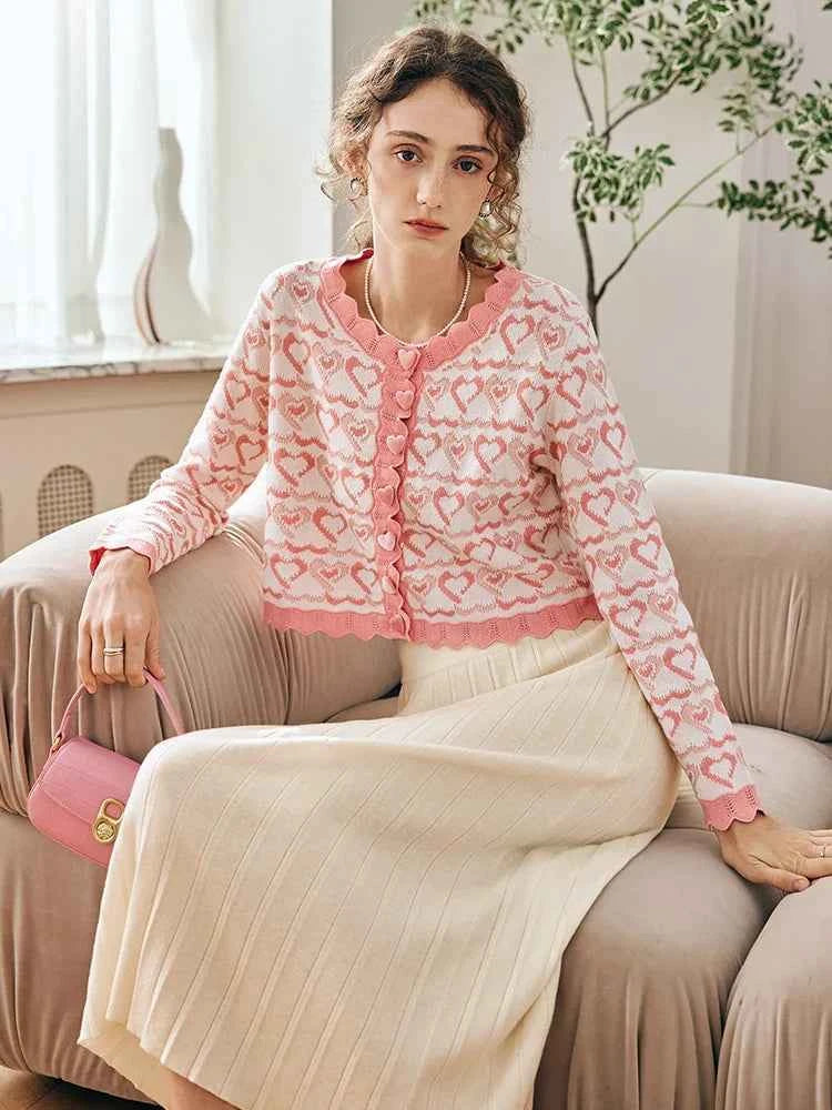 French Sweet Heart Pattern Jacquard Cardigan