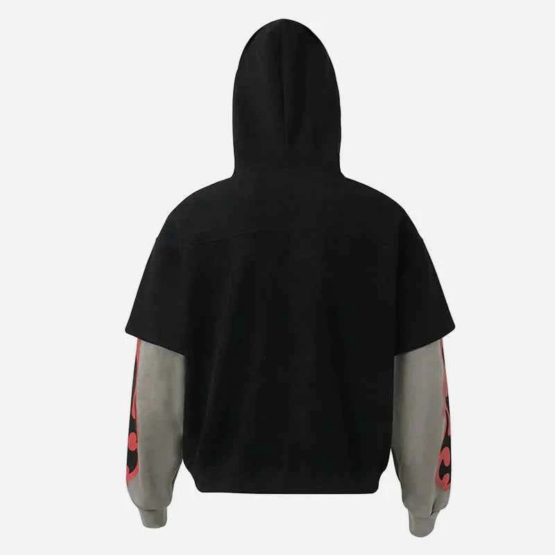 Y2K Fake Two Piece Flame Printed Hooded Sweatshirt