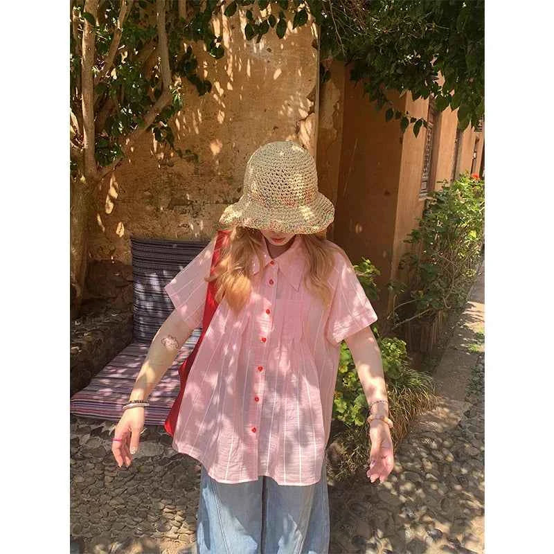 Pink Sheer Striped Blouses Summer Shirt