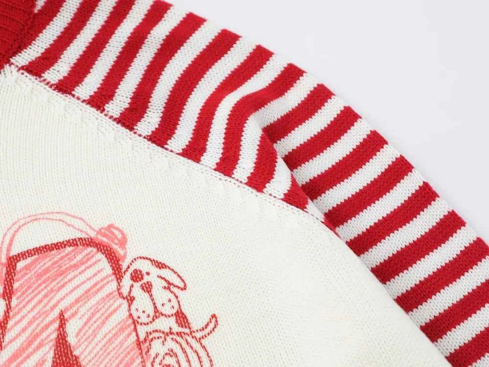 Retro Puppy O-Neck Collar Print Knitted Sweater