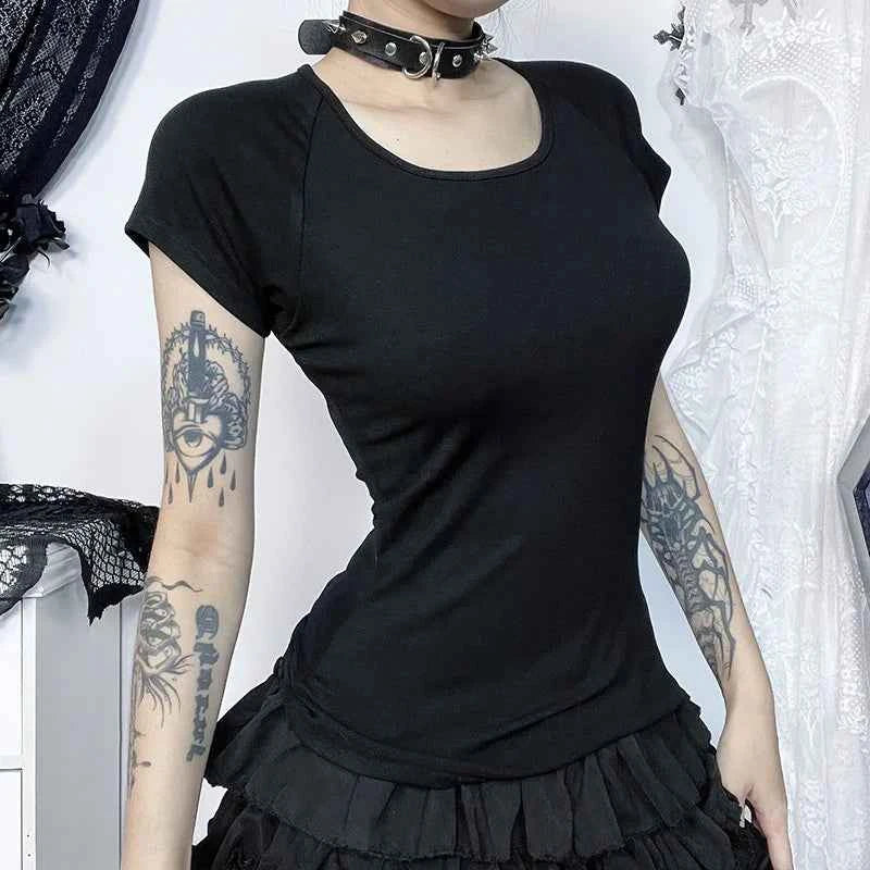 Dark Gothic Sheer Mesh Backless T-Shirt