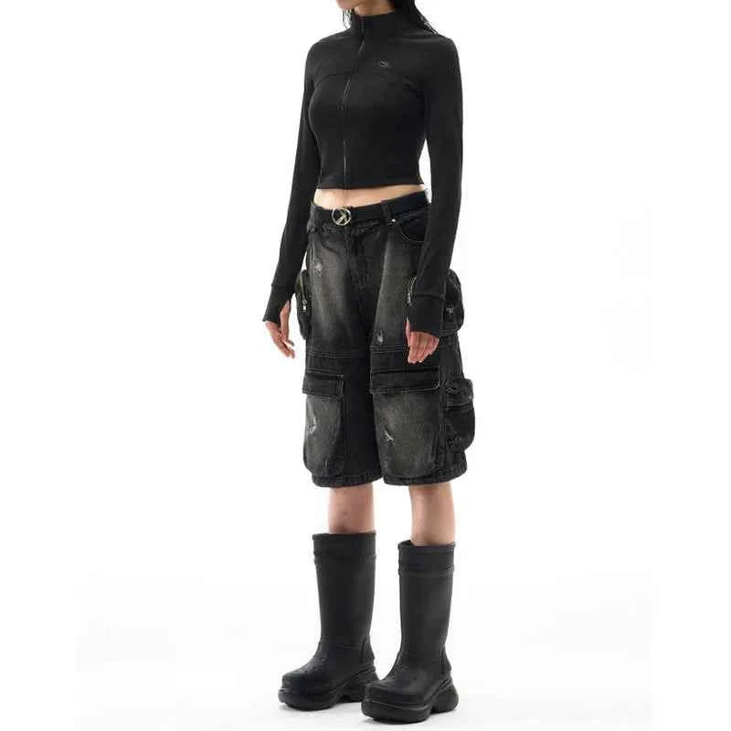 Streetwear Casual High Waist Black Vintage Denim Jorts