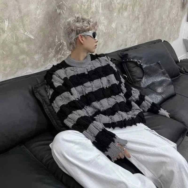 Classic Hairy Striped Round Neck Sweater