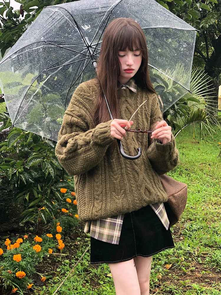 Women Vintage Green Knitwear Casual Sweater
