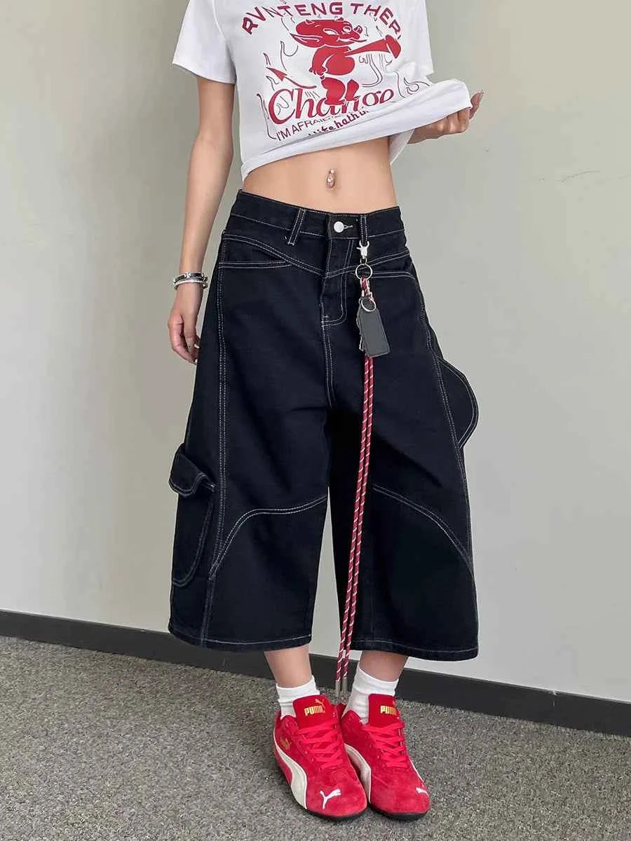 Retro Hip Hop High Waist Patchwork Cargo Jorts
