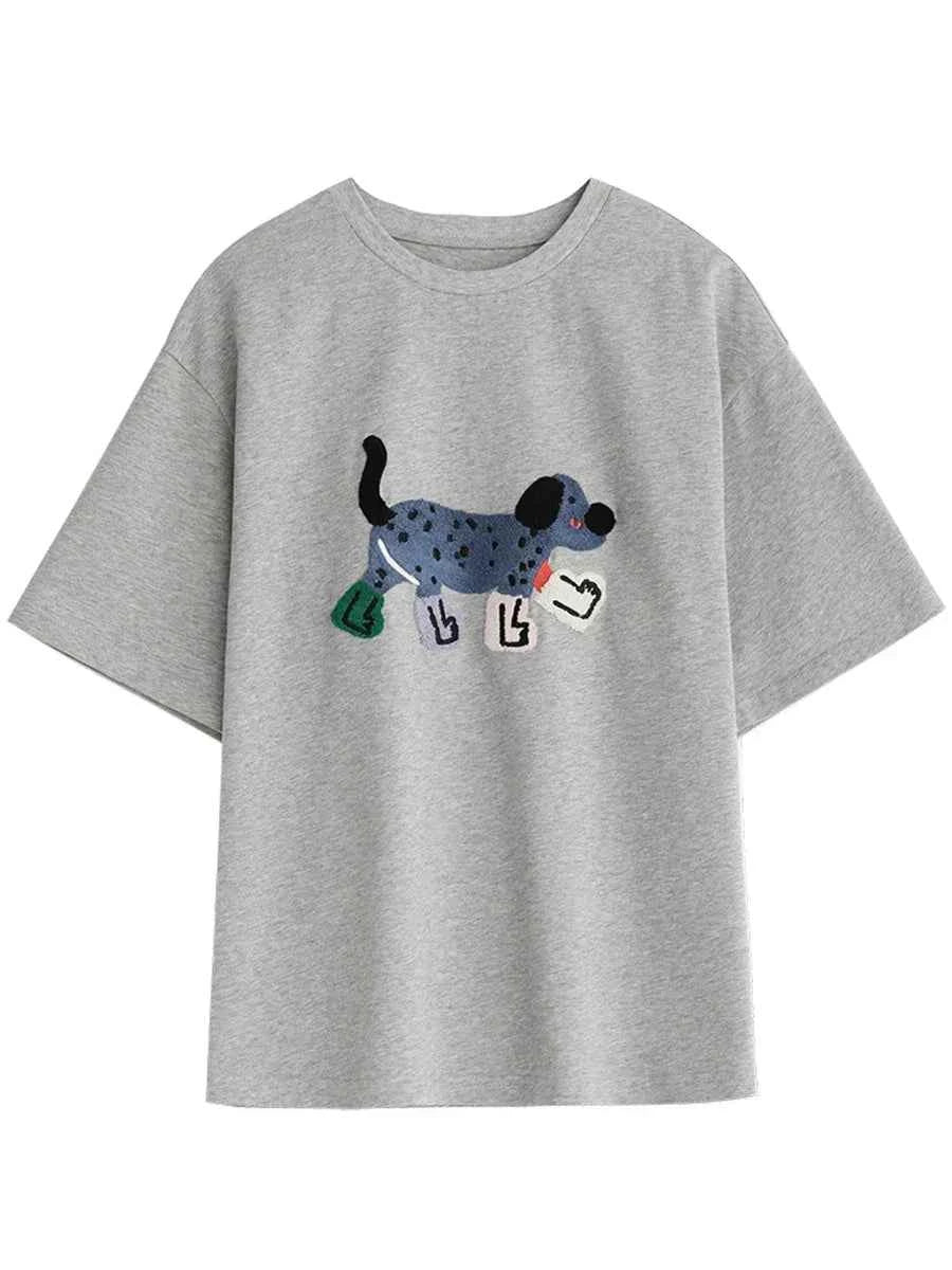 Dog Embroidered Loose Short T-Shirt