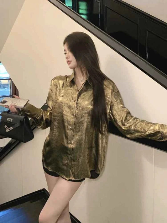 Women Classic Luxury Golden Color Long Sleeve Shirt