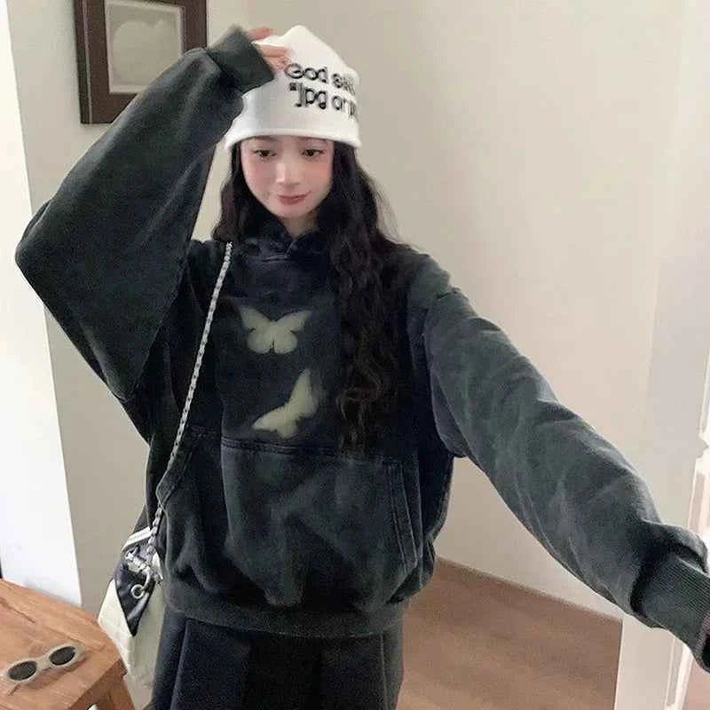 Butterfly Print Washed Black Oversized Hoodie