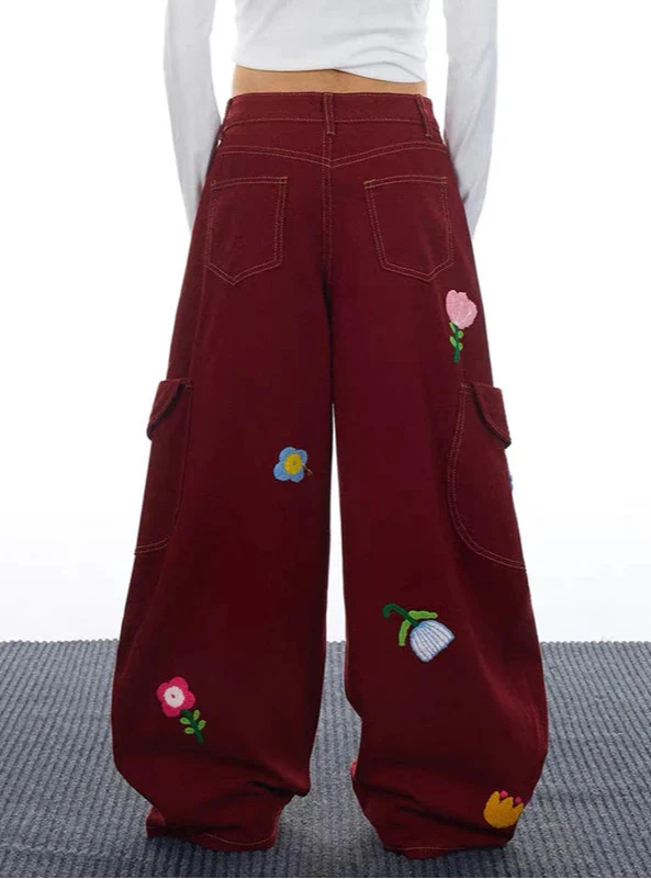 Y2K Versatile 2000s Style Red Floral Cargo Jeans - Luxuryurbanwear