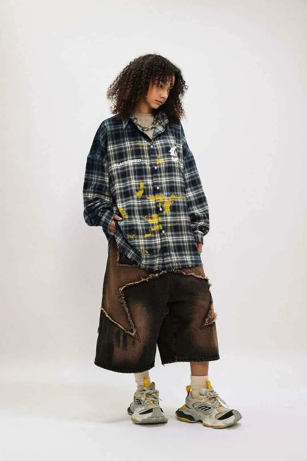 Women Flexible Vibrant Plaid Paint Splatter Shirt