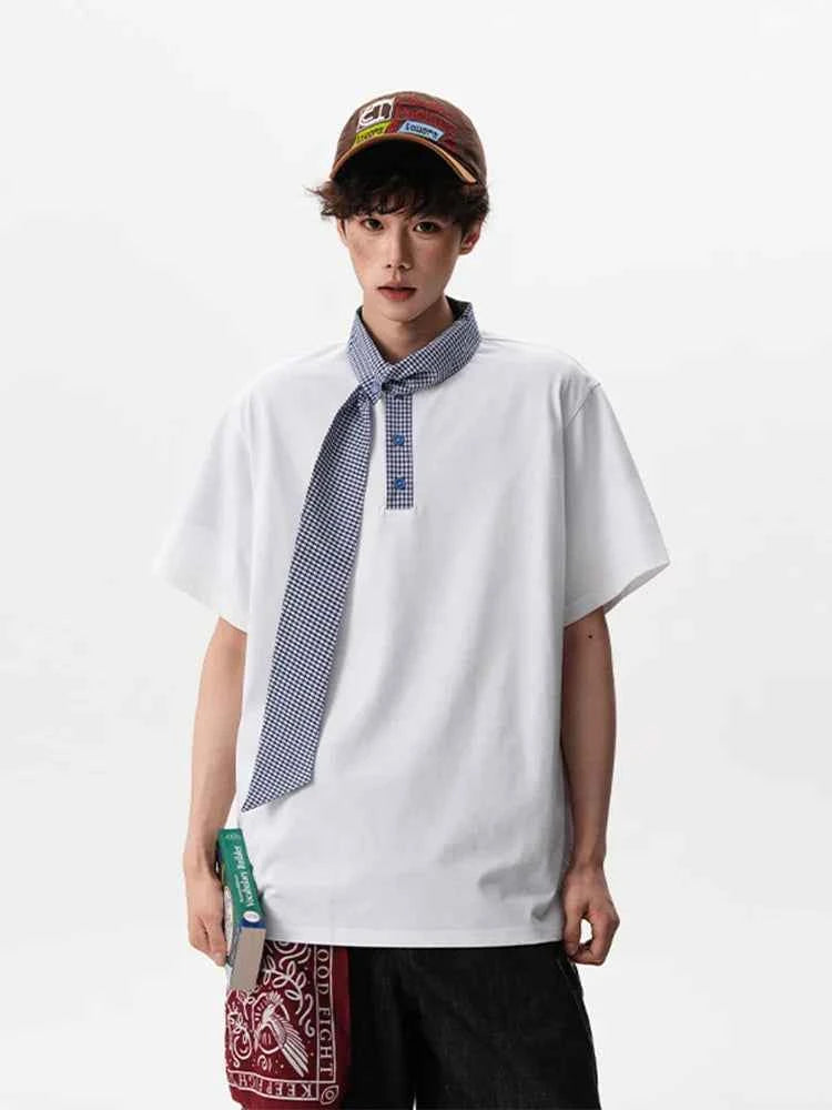 Gingham Tie Collar Oversized Short Sleeve T-Shirt