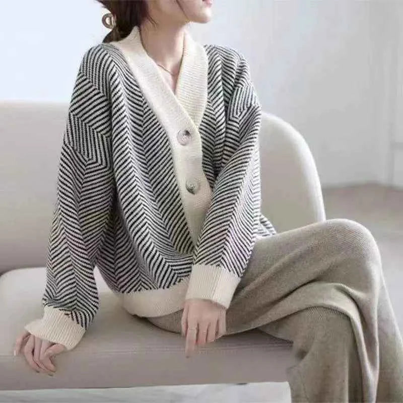 Striped V-Neck Long-Sleeve Thick Cardigan