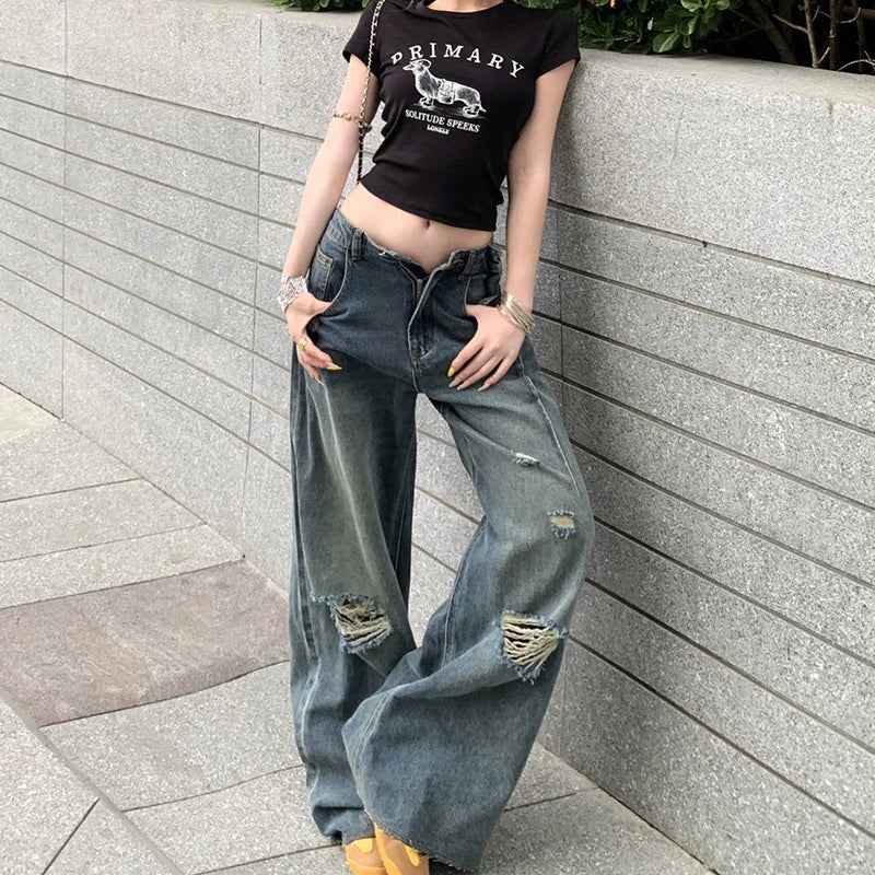 Retro Streetwear Washed High Waist Ripped Jeans
