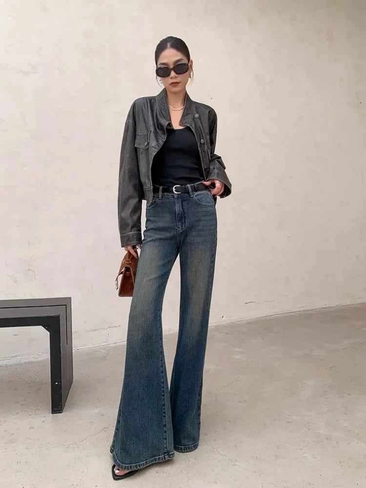 Women Retro Wide Leg Distressed Denim Jeans