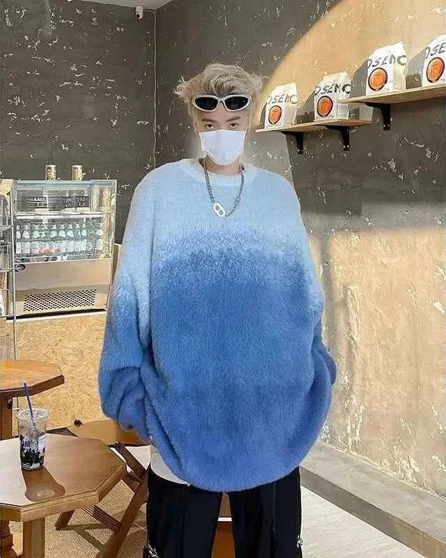 Streetwear Gradient Round Neck Warm Knitted Sweater