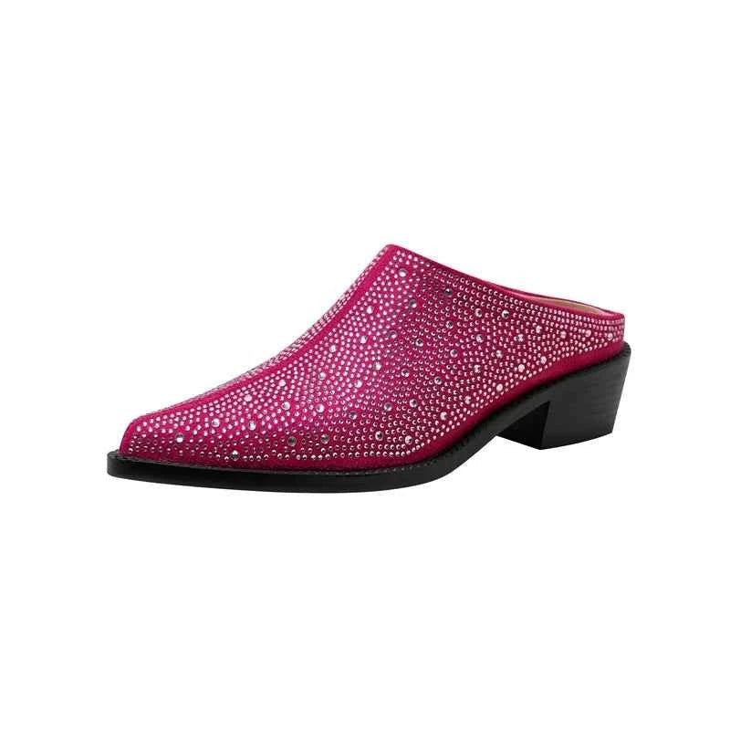 LUW Crystal Pointed Mules - Luxury Rhinestone Baotou Thick-Heel Pumps