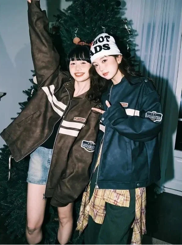 Streetwear Y2K Colorful Retro Striped Leather Jacket - Luxuryurbanwear