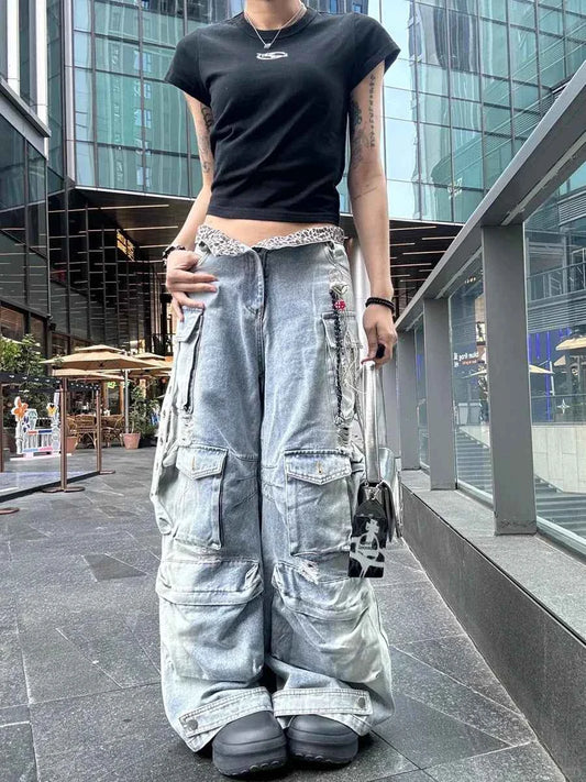 Leopard Print Low Rise Distressed Cargo Denim Jeans