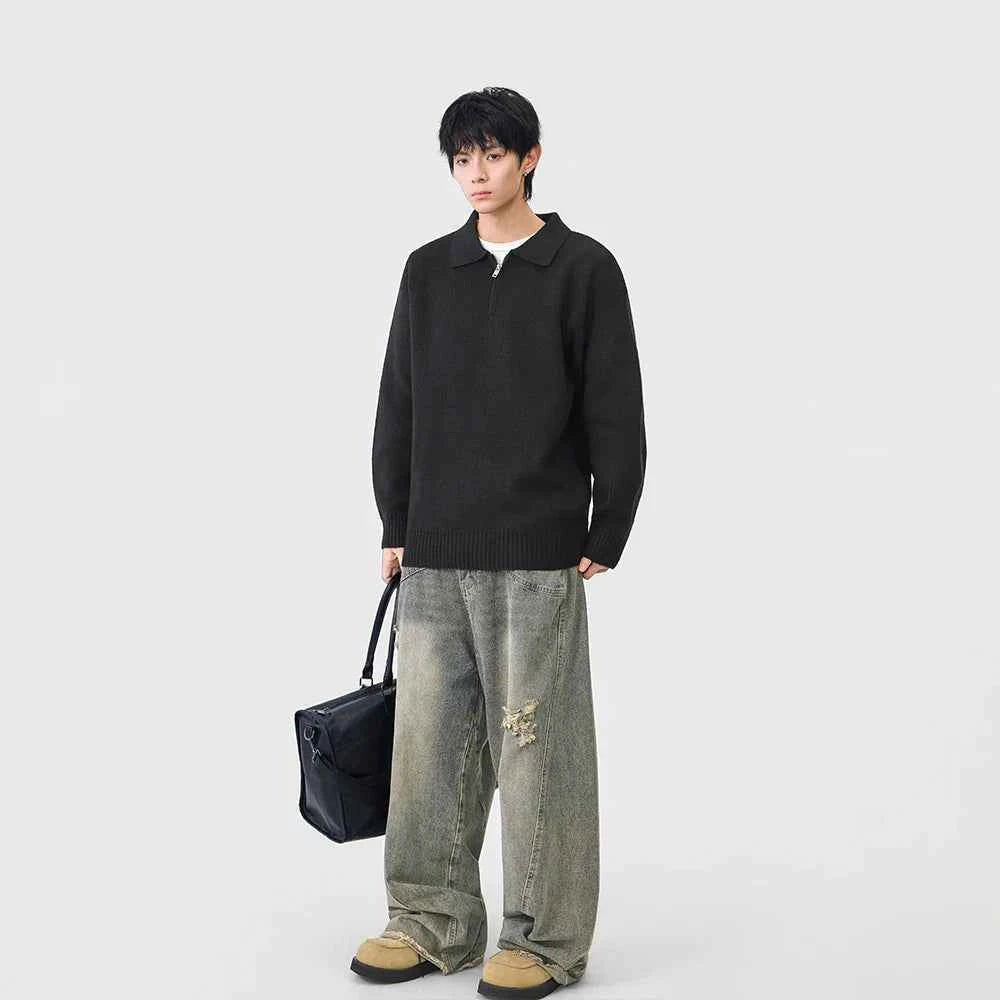 Comfortable Ribbed Knit Half Zipper Sweater