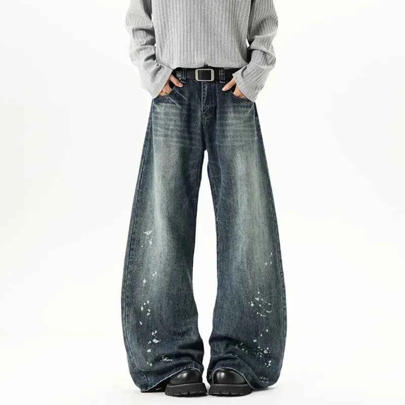 Streetwear Ink Splash Wide Leg Washed Denim Jeans